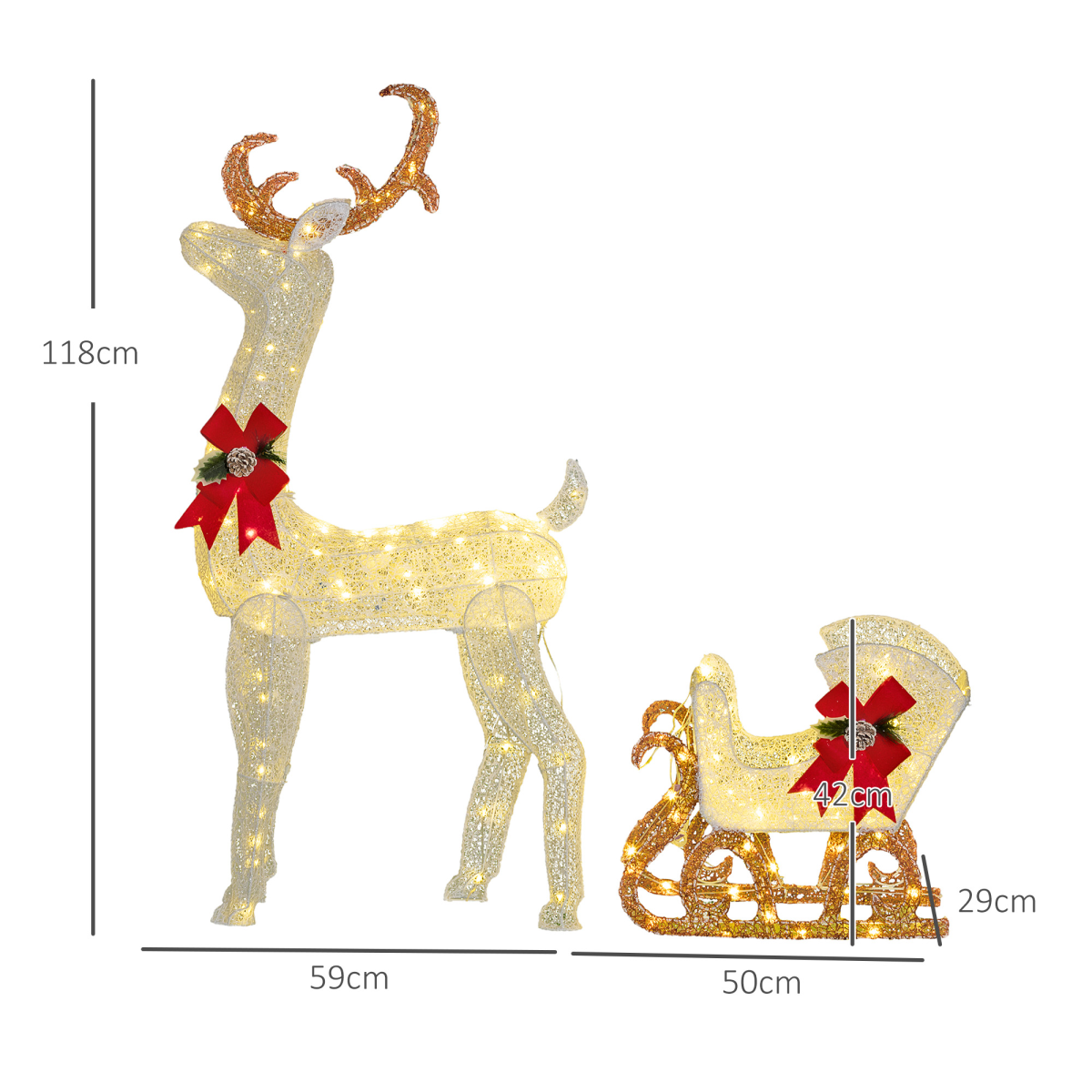 Outsunny Light Up Reindeer & Sleigh Christmas Decoration w/ 170 LED Lights