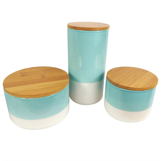 Set of Three Canisters Aqua Green Ceramic Storage Jars with Lids